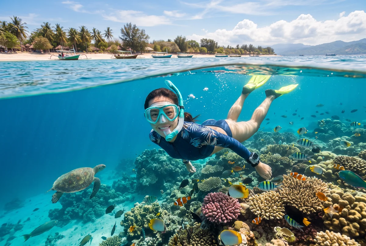Private snorkeling tour in Secret Gilis clear water